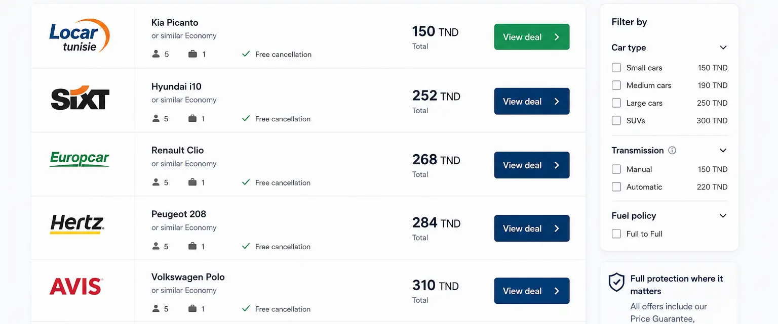 Comparateurs location voiture Tunisie comparaison des prix
